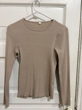Ribbed Long-Sleeve Crewneck Top in Beige